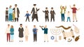 Collection of jews and Jewish or Hebrew symbols. Couple, happy family, boys reading Torah and playing Shofar. Cute