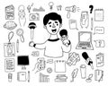 collection journalism vector doodles. Male journalist reporter presenter with microphone, hands with voice recorder