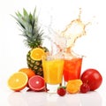 Collection of juice glasses and fresh juice (orange, tomato and pineapple) isolated on white created with Generative AI Royalty Free Stock Photo