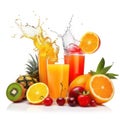 Collection of juice glasses and fresh juice (orange, tomato and pineapple) isolated on white created with Generative AI Royalty Free Stock Photo