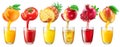 Collection of juice glasses and fresh juice pouring from fruits into the glasses on white background Royalty Free Stock Photo
