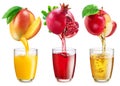 Collection of juice glasses and fresh juice pouring from fruits into the glasses, isolated on a white background. Creative image Royalty Free Stock Photo