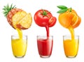 Collection of juice glasses and fresh juice pouring from fruits into the glasses, isolated on a white background. Creative image Royalty Free Stock Photo