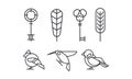 Set of keys, leaves and birds hummingbird, woodpecker and sparrow in linear style. Vector elements for book or postcard