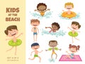 Collection of kids playing at the beach. Cartoon characters isolated on white. Funny boys and girls swimming, running, jumping, s Royalty Free Stock Photo