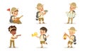 Collection of Kids Scouts Camping, Cute Boys and Girls in Uniform with Hiking Equipment Vector Illustration on White