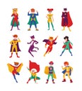 Collection of kids superheroes. Bundle of boys and girls with super powers. Set of strong and brave children wearing