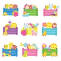 Collection of kids toys in wooden toy boxes. Set of Clip art for kids zone, toy shops and stores, clubs and other baby games theme