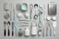 A collection of kitchen tools and utensils artfully arranged on a gray backdrop Royalty Free Stock Photo