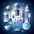 Collection of kitchen utensils and cookware in a blue and white color scheme Royalty Free Stock Photo