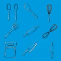 A collection of kitchen utensils is depicted on a blue background. Items include a pair Royalty Free Stock Photo