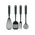 Collection of kitchen utensils used for cooking. Black metal whisks, spatula and meat fork. Kitchenware theme. Flat