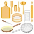 A collection of kitchen utensils. A wooden mortar and pestle, a board, a hammer for meat, a scoop, a rolling pin, a sieve, a drill