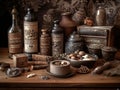 Collection of kitchen vintage items sitting on the table. AI generated Royalty Free Stock Photo