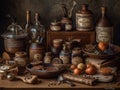 Collection of kitchen vintage items sitting on the table. AI generated Royalty Free Stock Photo