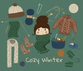 Collection of knitted things. Cozy illustration. Royalty Free Stock Photo