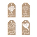 Collection of kraft paper tags with green salad. Four different variants.
