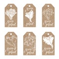 Collection of kraft paper tags with green salad. Six different variants. Royalty Free Stock Photo