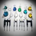 A collection of laboratory equipment arranged on a white surface Royalty Free Stock Photo