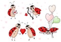 Collection ladybug and love. Cute insect ladybird with letter and balloons, couple in love with heart and cupid beetle