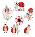 Collection of ladybugs. Cute little ladybird with flower and on rainbow. Vector isolated drawings for kids collection