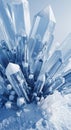 A collection of large, translucent blue crystals protrude from a snowy base. The Royalty Free Stock Photo