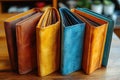 A collection of leather-bound books sits atop a rustic wooden table Royalty Free Stock Photo