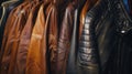 A collection of leather jackets in various shades, including brown and black, hanging on a rack. The jackets display different Royalty Free Stock Photo