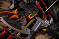 Collection Leather toolbelt hard hat on wooden board maintenance concept. tools that make repairs in apartments, houses, on the Royalty Free Stock Photo