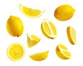 Collection of lemons isolated on white background. Juicy ripe lemon whole and sliced. Citrus, vitamin C, fruit, concept Royalty Free Stock Photo