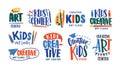 Collection of letterings handwritten with calligraphic fonts for logo of art class or creative studio for children. Set