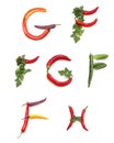 letter set f g h from green orange purple red yellow chili, salad, parsley letter.