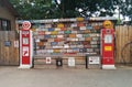 Collection of license plates with vintage gas pumps