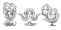 Collection of linear drawings of zodiac signs. abstract representation of astrological images. vector graphics. line art.