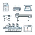 Collection of linear,flat Offset Printer,3D printer,Scanner,Laser printer,Plotter machine,Cutting plotter,InkJet printer,Copy Royalty Free Stock Photo