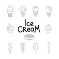 Collection of linear icons with different types of ice cream.