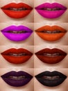 Collection of lips colorful hues. The palette of lipsticks. Close-up Royalty Free Stock Photo