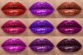 Collection of lips colorful hues. The palette of lipsticks. Close-up Royalty Free Stock Photo