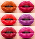 Collection: lips red and purple hues. The palette of lipsticks. Close-up Royalty Free Stock Photo