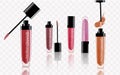 Collection of lipstick with different color shade. Colorful lip gloss smudges. Makeup cosmetic product package. Vector