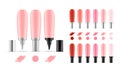 Collection of lipstick tubes with different color shade. Colorful lip gloss smudges. Makeup cosmetic product package.