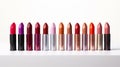 a collection of lipsticks in various shades from red to nude, aligned against a white background