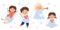 Collection little Christmas angels. Cute boy and girl with heart and trumpet. Isolated Xmas, new year children character