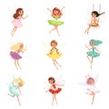 Collection of little fairies. Magical creatures from fairy tale. Cartoon girls characters with colorful hair and wings