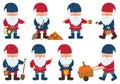 A collection of little gnomes with beards and caps hold a lantern, a bucket, basket of mushrooms, sweeps fallen leaves, carries a