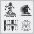 Collection of longboarding and skateboarding labels, emblems, badges and design elements. Silhouette of a longboarder.