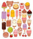 Collection of lovely baby sweet and dessert doodle icon , cute icecream , adorable popsicle , sweet soft cream , kawaii gelato