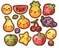 Collection of lovely glitter fruit , fruit with sugar coat doodle icon, cute strawberry, sweet orange, kawaii berry in childlike