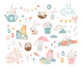 Collection of lovely hand drawn easter designs with cute typography, sweet hand drawn bunnies, eggs and decoration - vector design