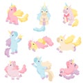 Collection of Lovely Unicorns, Cute Magic Fantasy Animals of Different Colors and Poses Vector Illustration